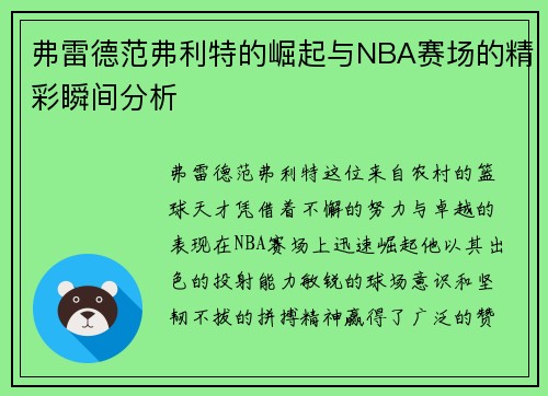 弗雷德范弗利特的崛起与NBA赛场的精彩瞬间分析
